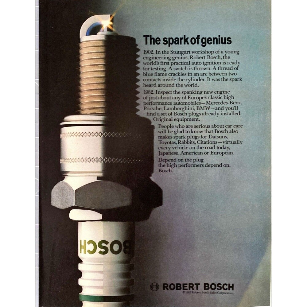 Robert Bosch Spark Plugs "The Spark of Genius" Vintage Print Ad 1982